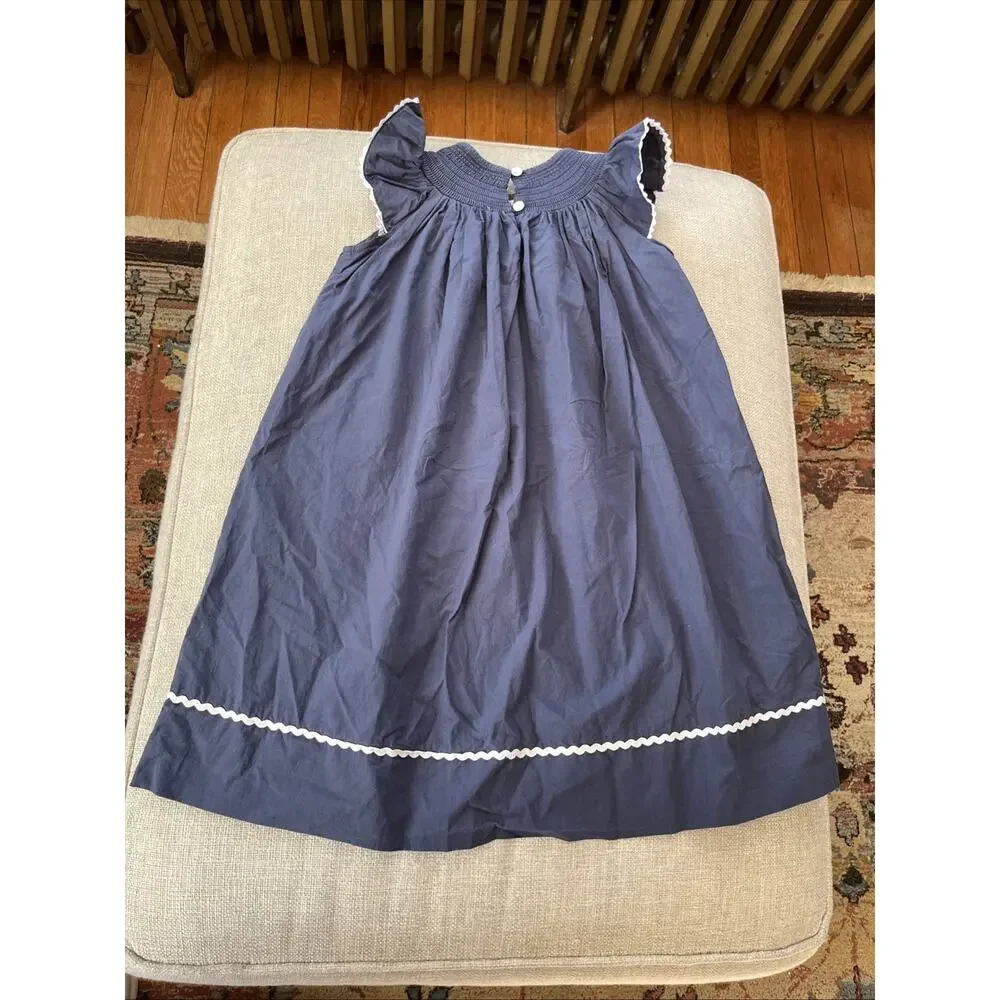 Lil Cactus Embroidered Cotton Smocked Bishop Dress 5Y Navy Blue Christmas Jesus